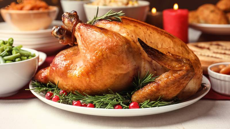 Traditional festive dinner with delicious roasted turkey served on table